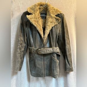 Outbrook  Brown distressed leather coat with belt and fur collar size small